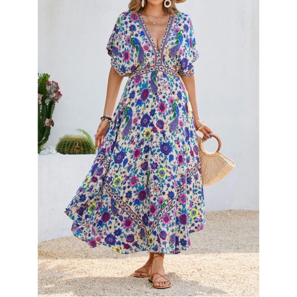 R. Vivimos women's maxi dress peacock floral multicolor size XL Boho Kaftan